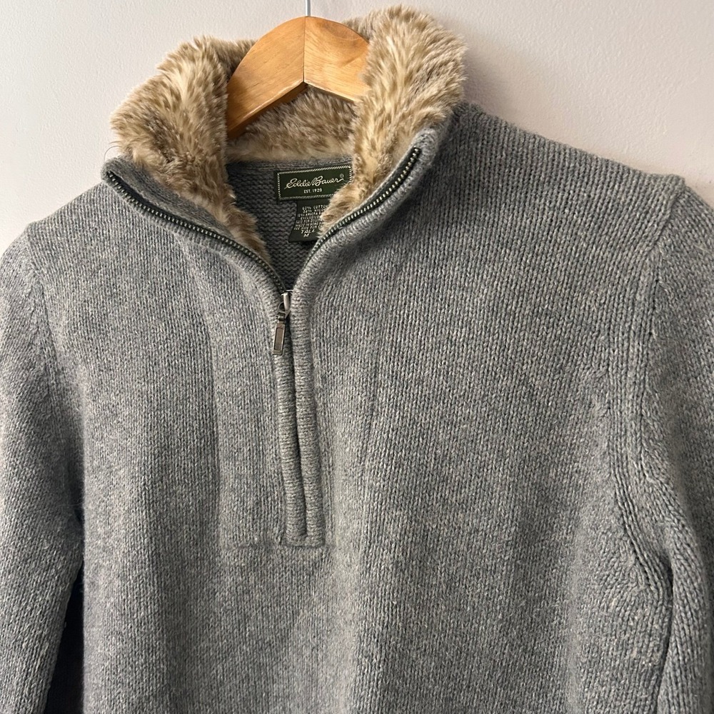 Eddie Bauer Sweater Womens M‎ Tall Gray 1/4 Zip Angora Rabbit Fur Trim Vintage